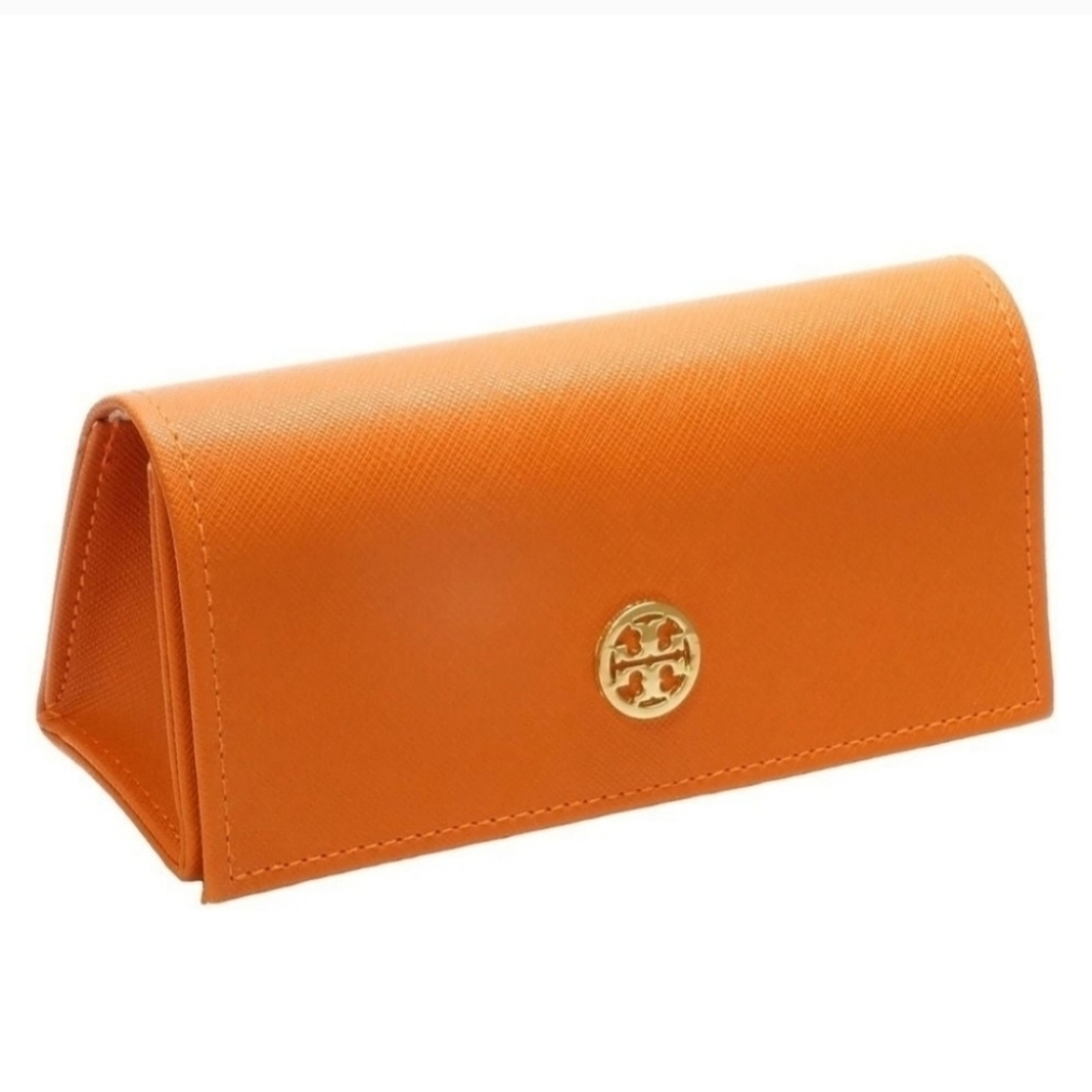 TORY BURCH SAFFIANO LEATHER ORANGE TRIANGULAR EYEGLASS CASE LOGO SNAP